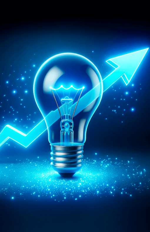 A glowing light bulb against a dark background with a bright blue, upward trending arrow symbolizing innovation, bright ideas, and growth in business
