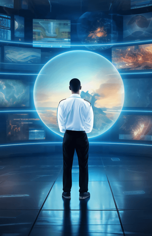 A man in a white shirt and black trousers standing before a large spherical holographic display in a high-tech control room, with multiple screens showing various data and images.